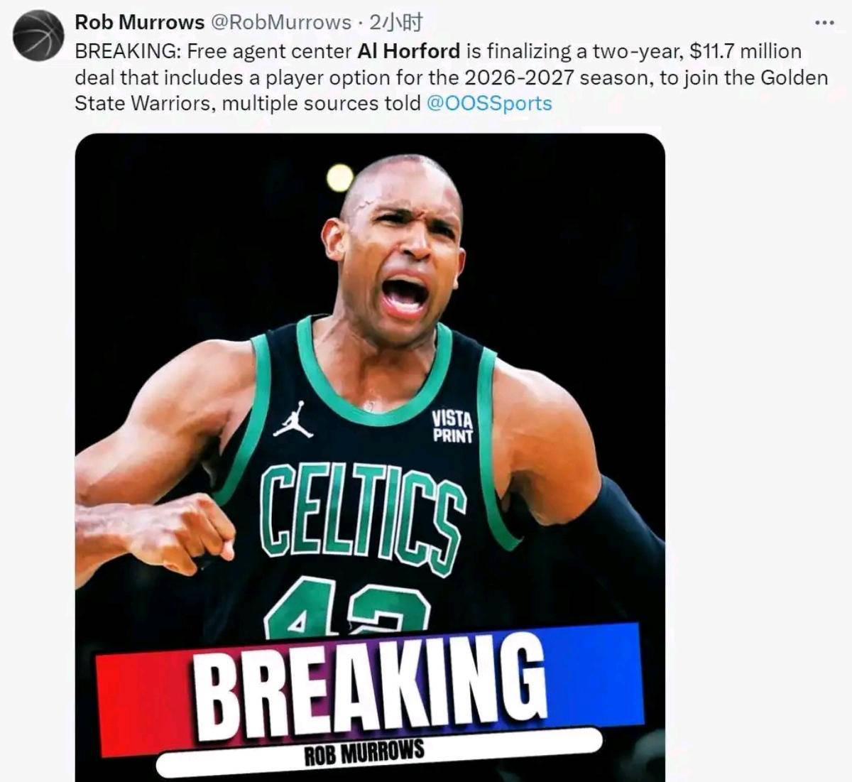 金州勇士正式签约冠军中锋艾尔霍福德!