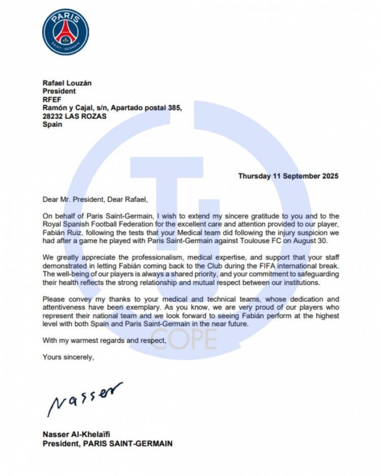反观?巴黎主席纳赛尔致信西足协,感谢西班牙队放法比安提前归队