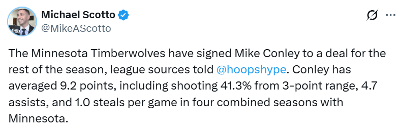 正式回归！森林狼与康利签约至赛季结束 两次交易后重返明尼苏达